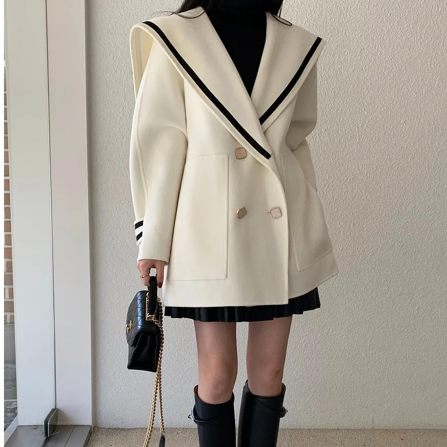 

Шикарное осенне-зимнее пальто с темно-синим воротником, женское свободное шерстяное пальто в японском стиле, ветрозащитное, теплое, для повседневной носки