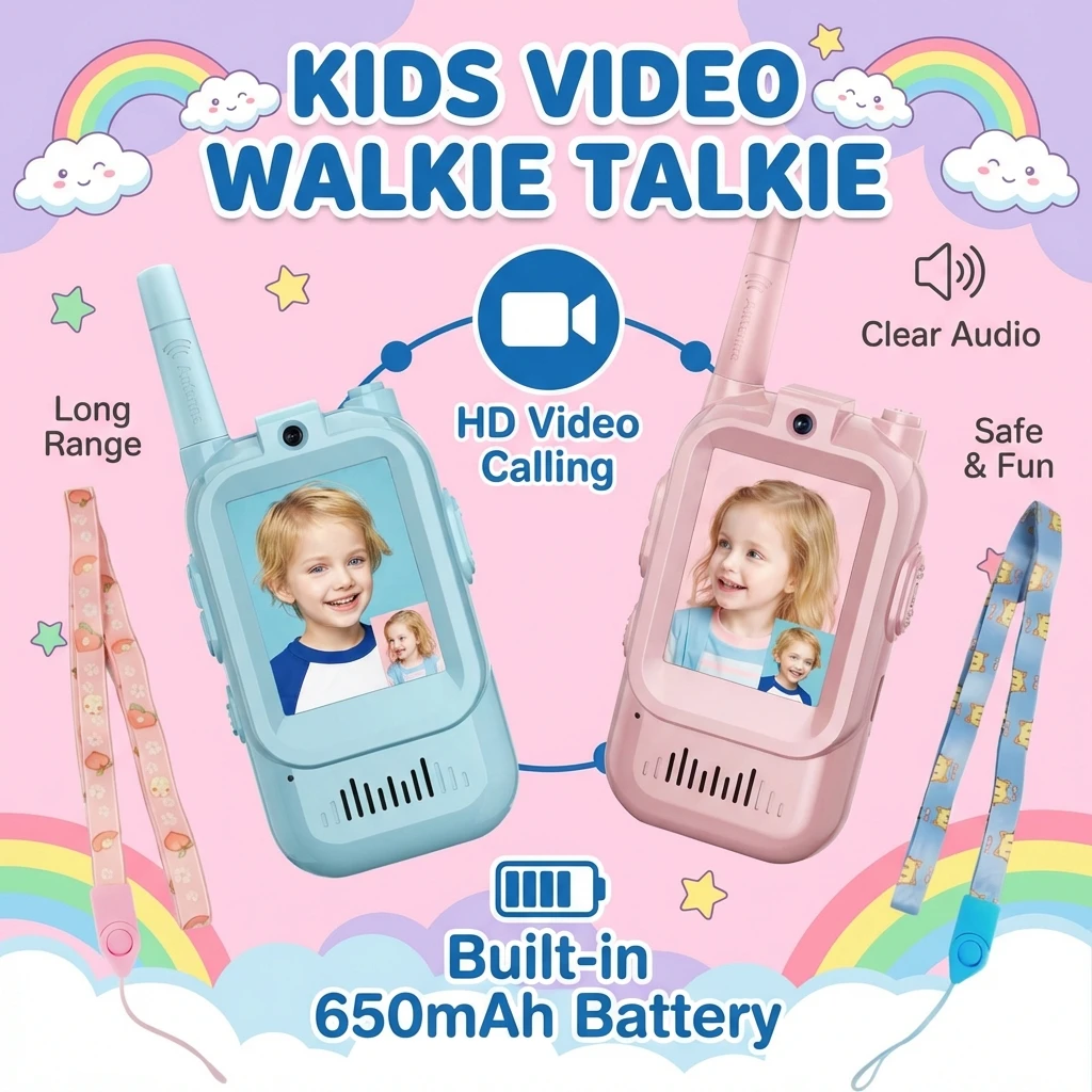 

2PCS Video Walkie Talkie Kids Type C Rechargeable 650mAh Battery One-Click HD Call Intercom Children Boys Girls Birthday Gifts