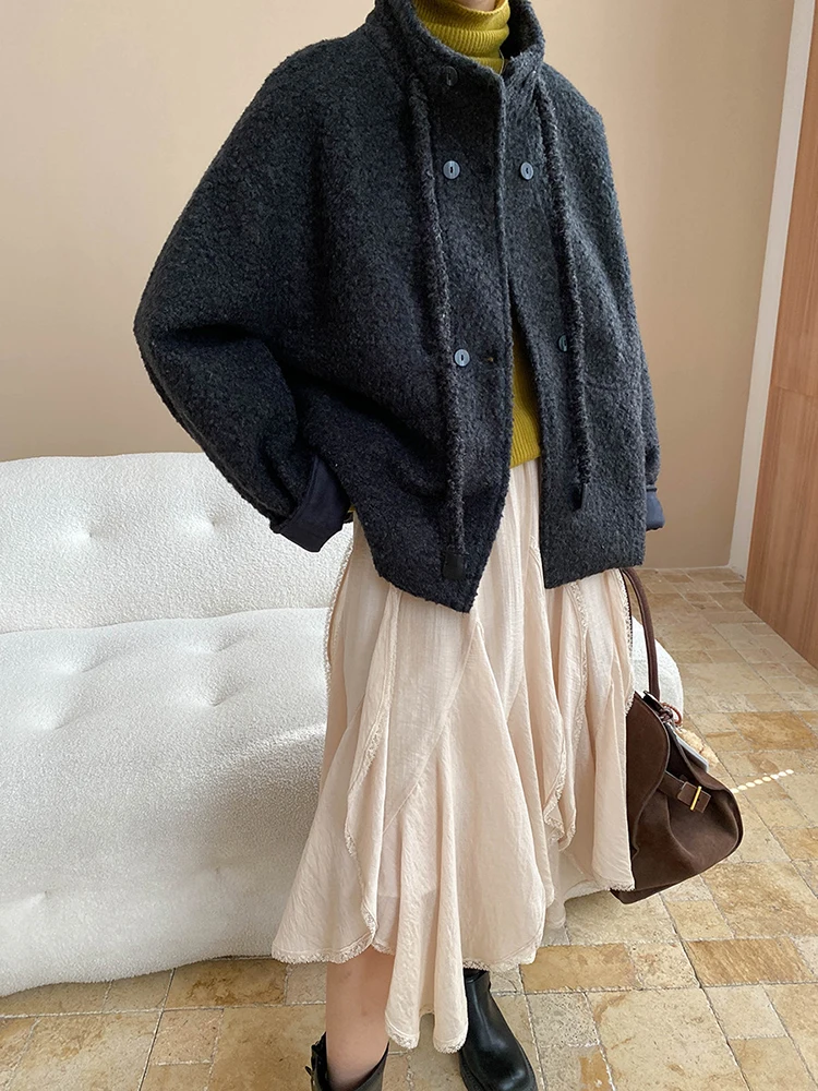 Fanan casacos de design de pele sintética com cordão para mulheres gola única breasted grosso jaquetas quentes femininas tops 2025 inverno novo