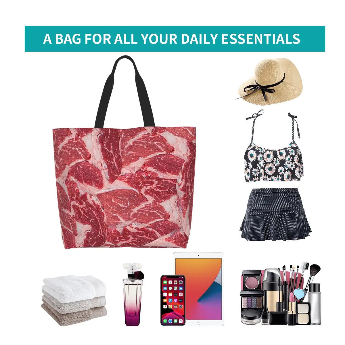 Meat Shopping Tote Bag Canvas Large Capacity Shoulder Bags Shopper Grocery Handbag for Women