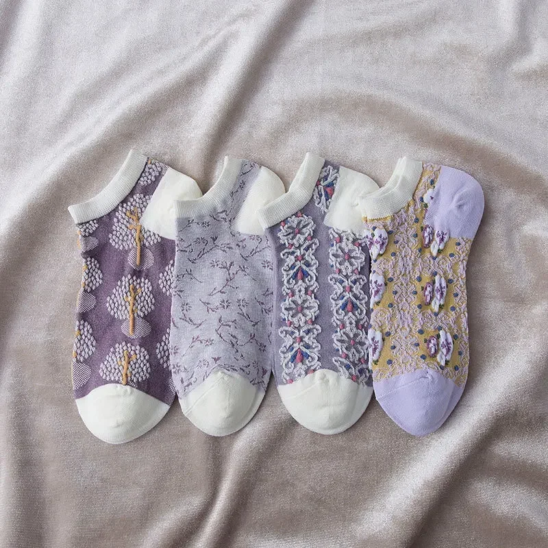 2026 new college style three-dimensional small floral socks pastoral style pure cotton boat socks retro forest boat socks