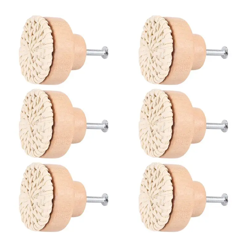 Boho Rattan Dresser Knobs Round Wooden Drawer Knobs Handmade Wicker Woven And Screws For Boho Furniture Knobs Beige-A68E