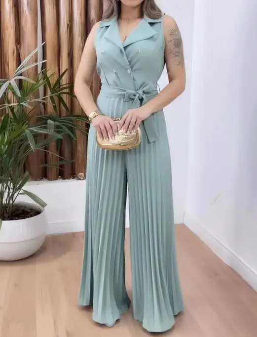 

Solid Color Lapel Tie Waist Cinching Slim Fit Double Breasted Front Pleated Jumpsuit for Women, Fashionable and Elegant Jumpsuit