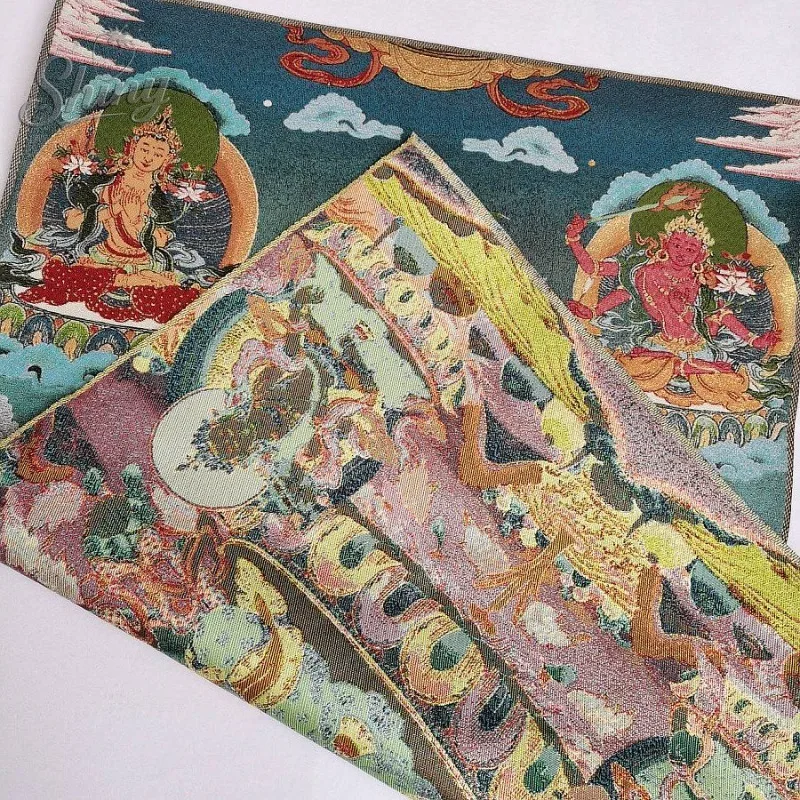 35.4″ Statue of Manjusri Bodhisattva Brocade Tibetan Tangka Embroidery Painting Gold Thread Embroidery Decorative Hanging Arts