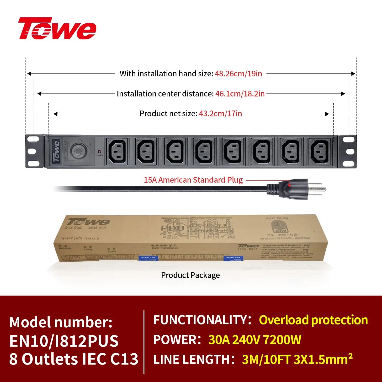 TOWE 8 Outlet IEC C13 Rack Mount PDU 15A 4000W Heavy Duty Metal Power Strip with Master Switch for Server Cabinet Data Center