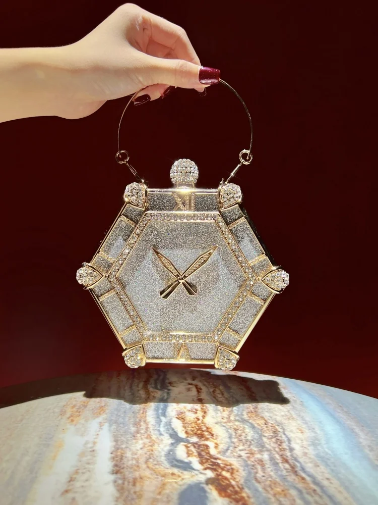 Unique Hexagonal Clock Design Handbag Luxury Sparkling Rhinestone Evening Purses Women's Exquisite Metalic Shell Banquet Bag