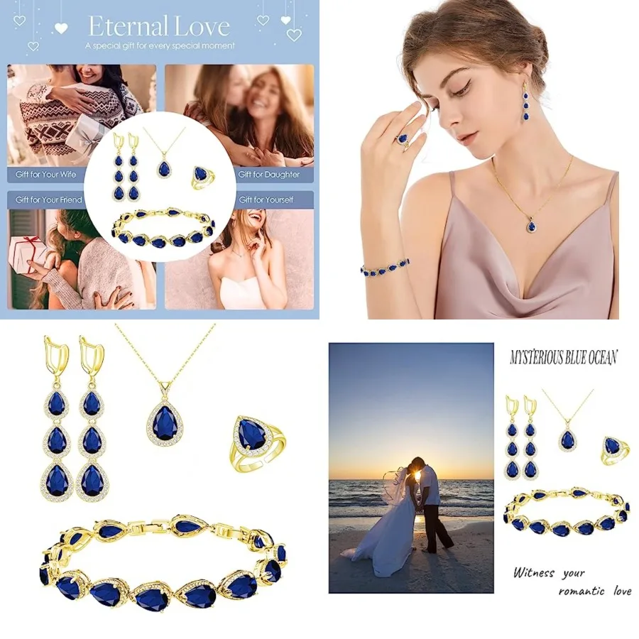 

Necklace Long Earrings Bracelet Set, Gold Plated Created Sapphire Jewelry Set Wedding Party Gift Jewelry for Women Bridal Bride