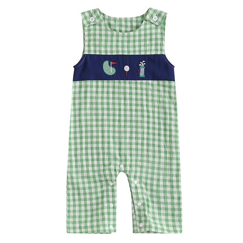 Baby Jumpsuits Strap Button Green Plaid Square Neck Snap Golf Course Fashion Baby Rompers