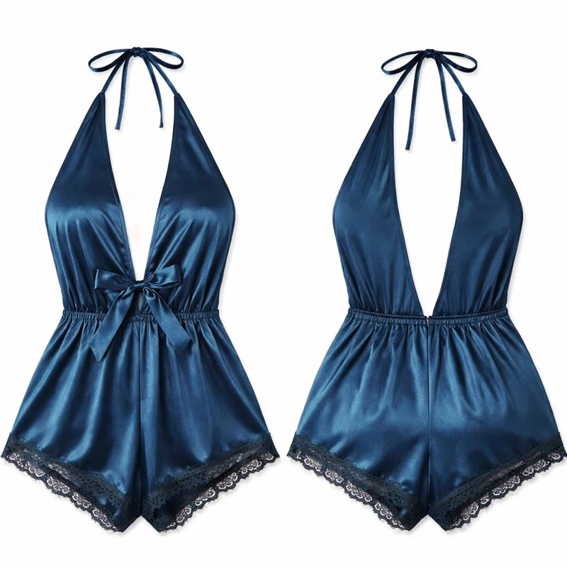 

Женское сексуальное кружевное боди с глубоким V-образным вырезом, комплект из кружевного атласного белья, гладкая пижама, ночная сорочка, комплект для сна