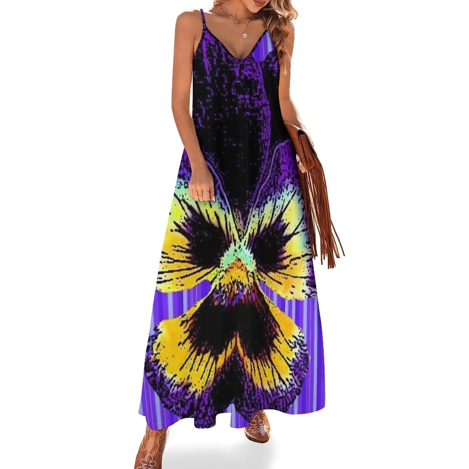 

PURPLE & YELLOW PANSY ON PURPLE Sleeveless Dress Long dress woman women's summer dress 2024