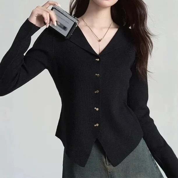 Women Lapel V Neck Knit Cardigan Long Sleeve Double Buttons Slim Fit Irregular Hem Knitted Top