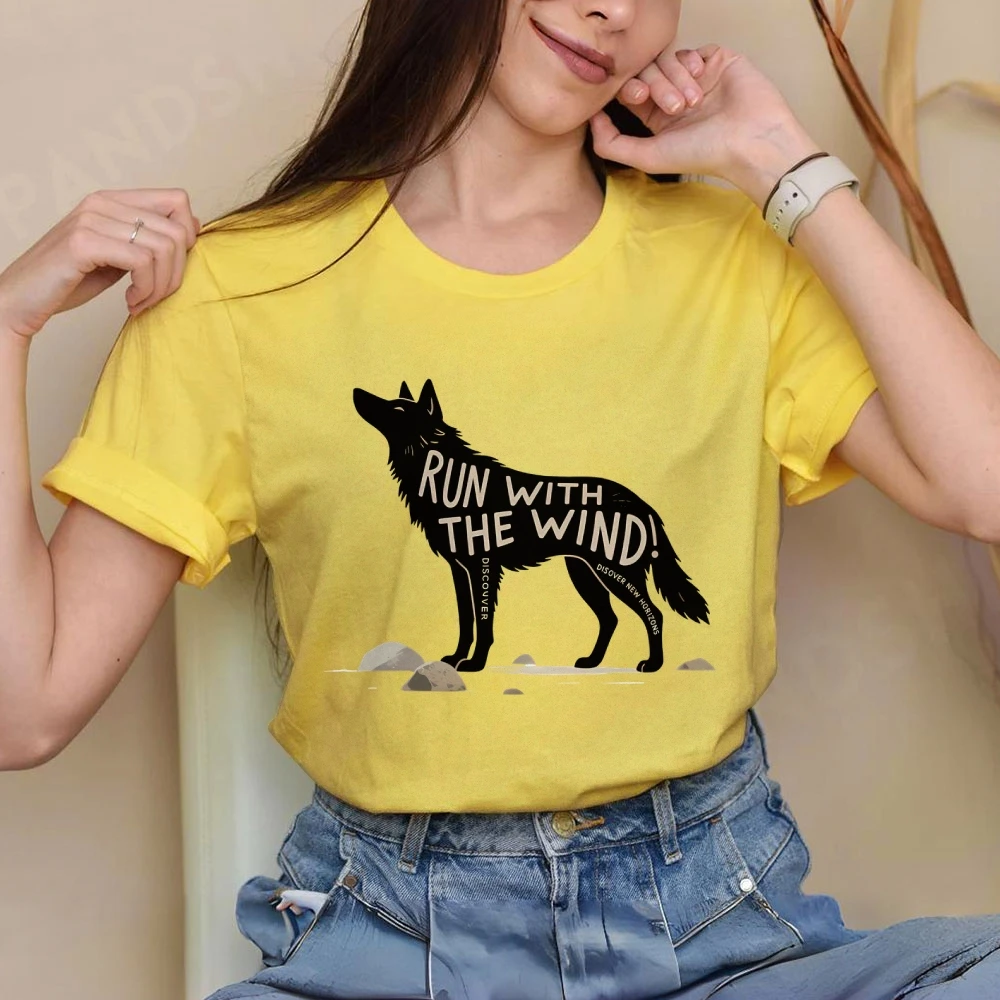 

Y2K Women‘s Clothes Cotton Casual T-Shirt Crew Neck Graphic Tees Street Wear Colorful Cute Cartoon Wolf Run With The Wild