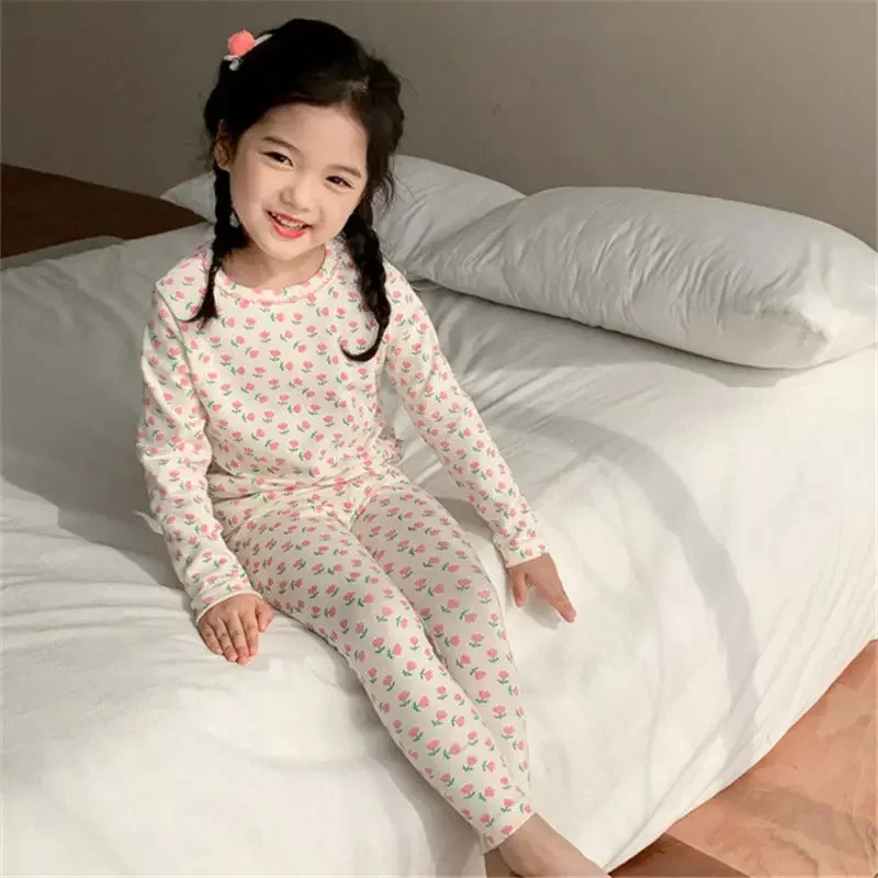Children\'s Clothing Sets Floral Home Wear Long Sleeve Pajamas Velvet Suit Baby Girl Clothes Boy Clothes Children Thermal Pajamas