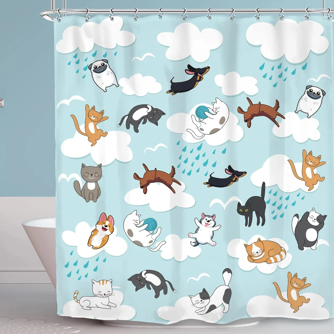 Raining Cats and Dogs Shower Curtain Funny Cartoon Cute Animal Hilarious Pets Playing Water Polyester Waterproof Bathroom Panels