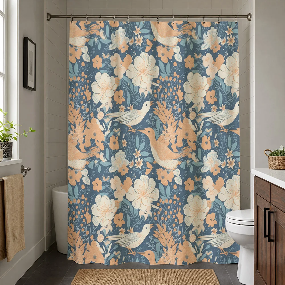Waterproof Floral Shower Curtain Boho Bathroom Decor Curtain Liner Blue and Orange Birds Pattern Watercolor Style Shower Curtain