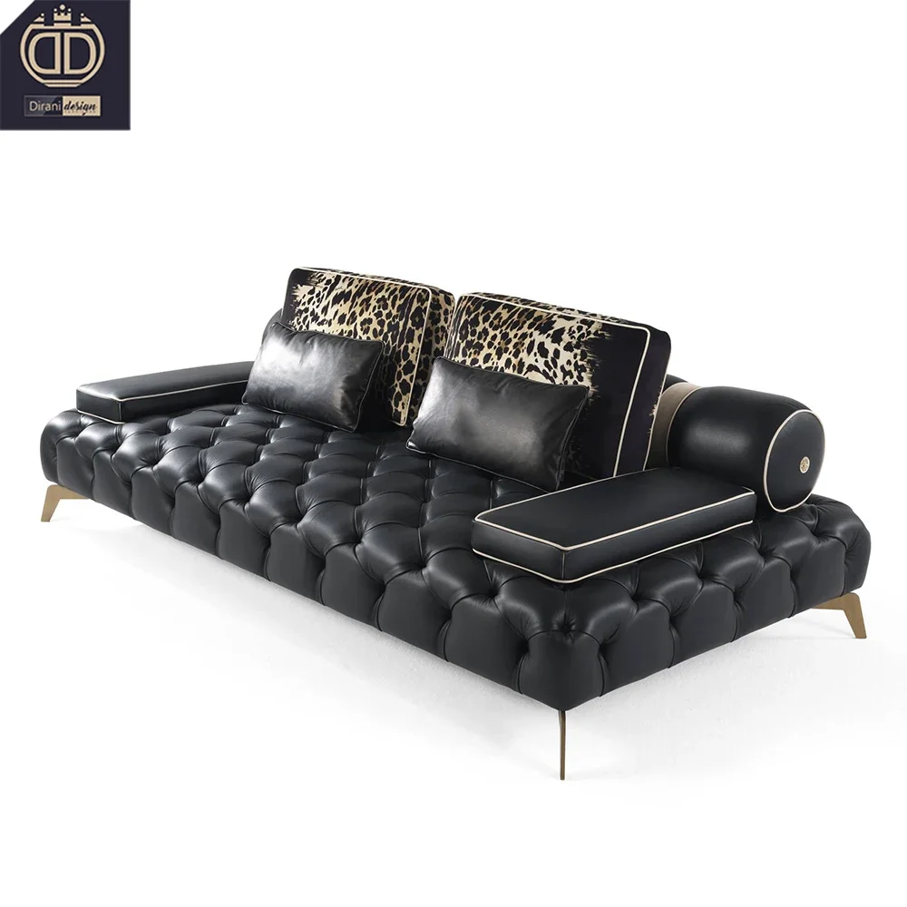 High End Luxury Elegant L Shape Sofa Living Rooms Stylish Black Leather Chesterfield Design Sofa