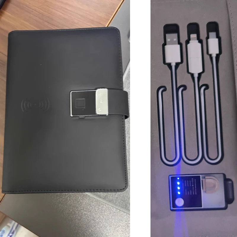Fingerprint Lock Notebook with 10000mAh+16GB Flash Drive + 3-in-1 Wireless Charging Cable + 4.3inch Vedio + Calculator Function