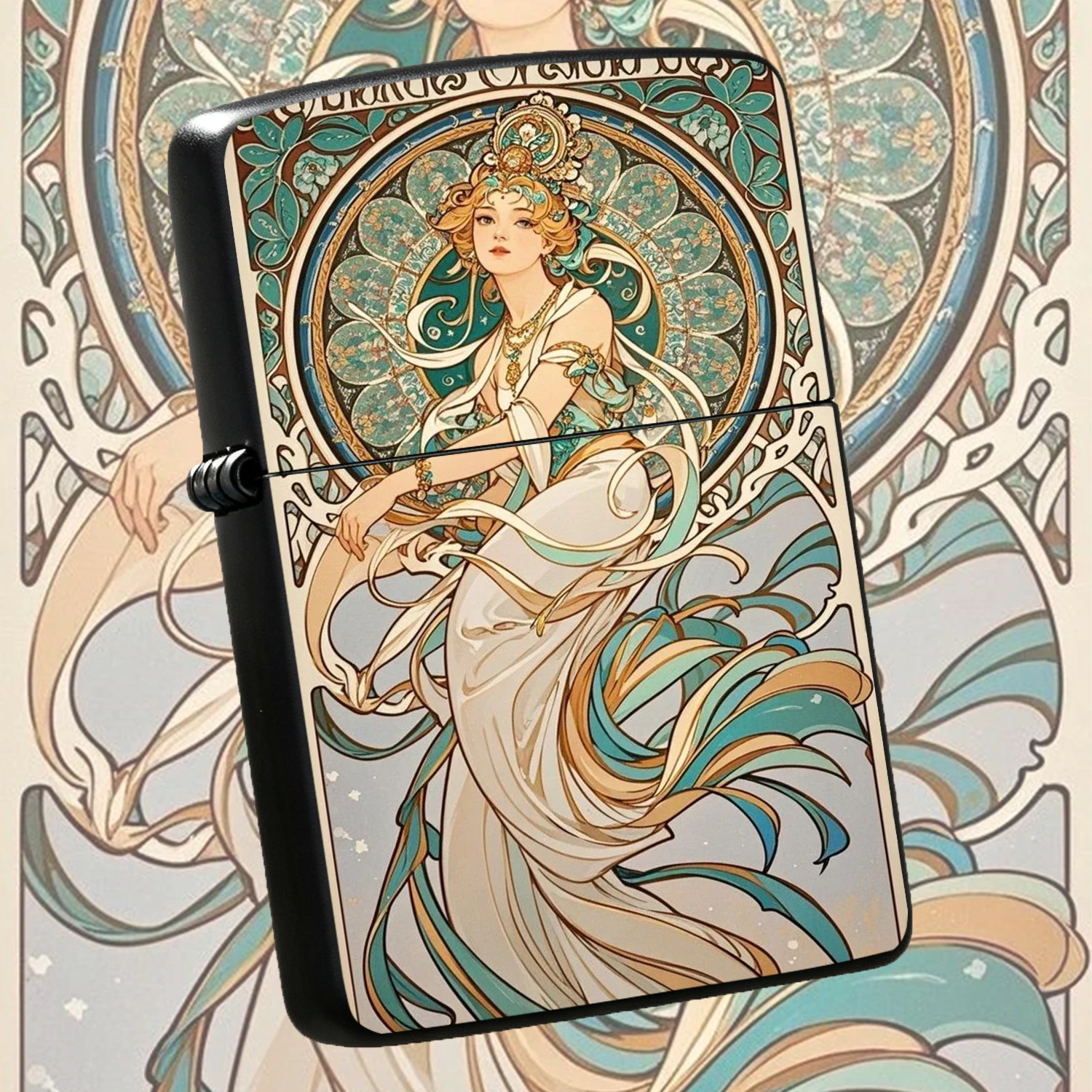 Retro Art Nouveau Mucha Inspired Lady Pattern Windproof Durable Housing Durable Body Art Collection Gift For Birthday Holiday Present For Friends Family Unique Portable Pocket Decor A Fun And Humorous Lighter