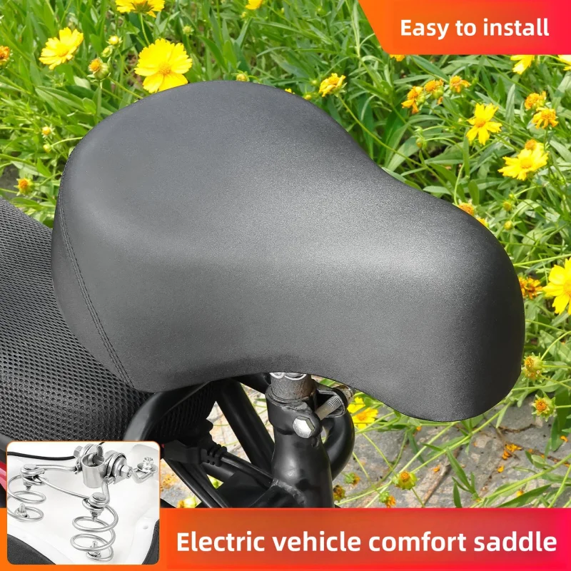 

Universal electric bicycle saddle, with increased thickness and comfort, safe and secure. Wide double-spring seat cushion.
