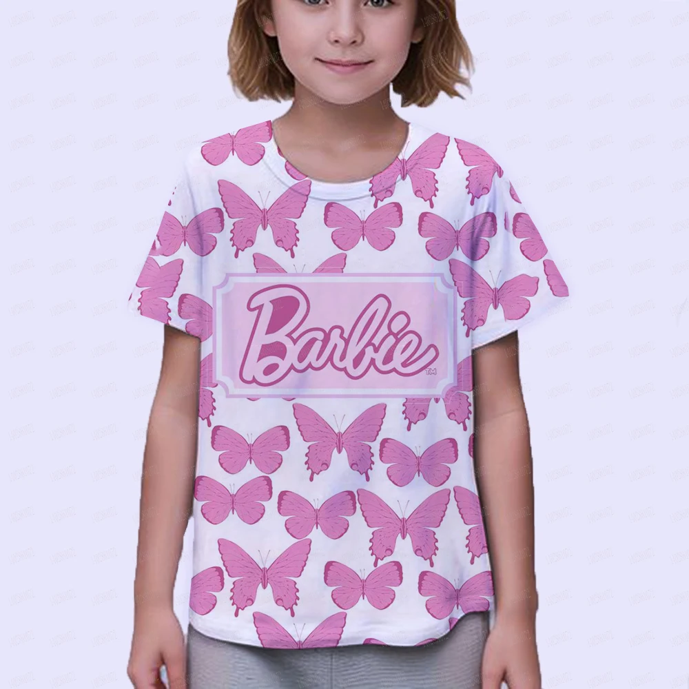 Desenhos animados da Barbie Princess, camiseta de manga curta, meninas, mulheres, crianças, meninos, Y2K, tamanho 100-160, verão