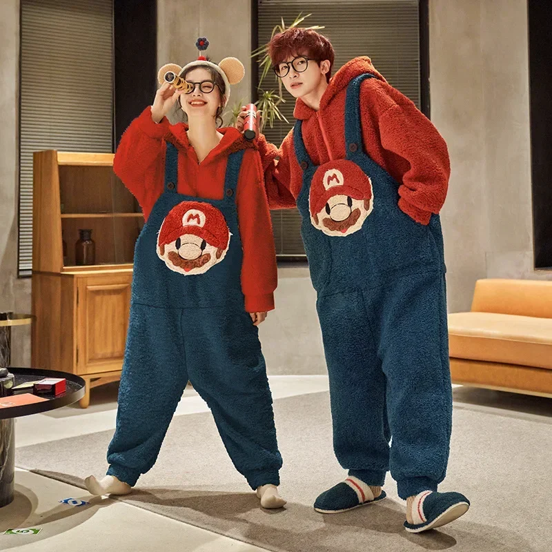 Autumn and Winter Warm Adult Couple Kigurumi Cartoon One-piece Pajamas Coral Velvet Thickening Hooded Comfort Loungewear