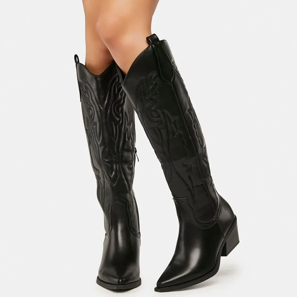 Winter Large Size 43 In Stock for Dropship Vintage Knee High Cowgirls Black Western Boots Shoes Zip up White Cowboy Boots Women
