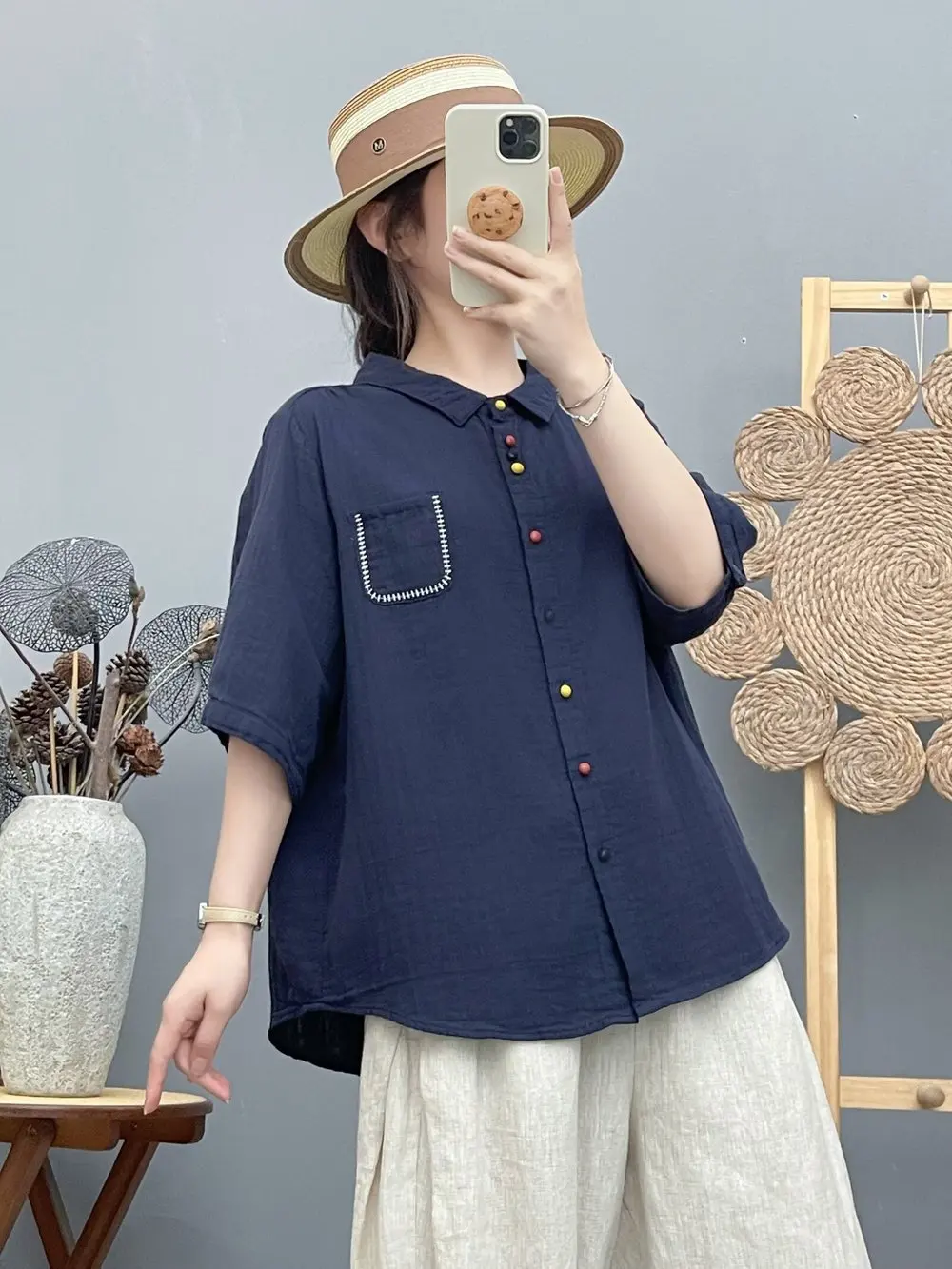 New 2026 Autumn Women Cotton Yarn Half Sleeve Shirt, Turn-down Collar Color Buckle, Mori Girl Casual Soft Loose Blouse T69822CC