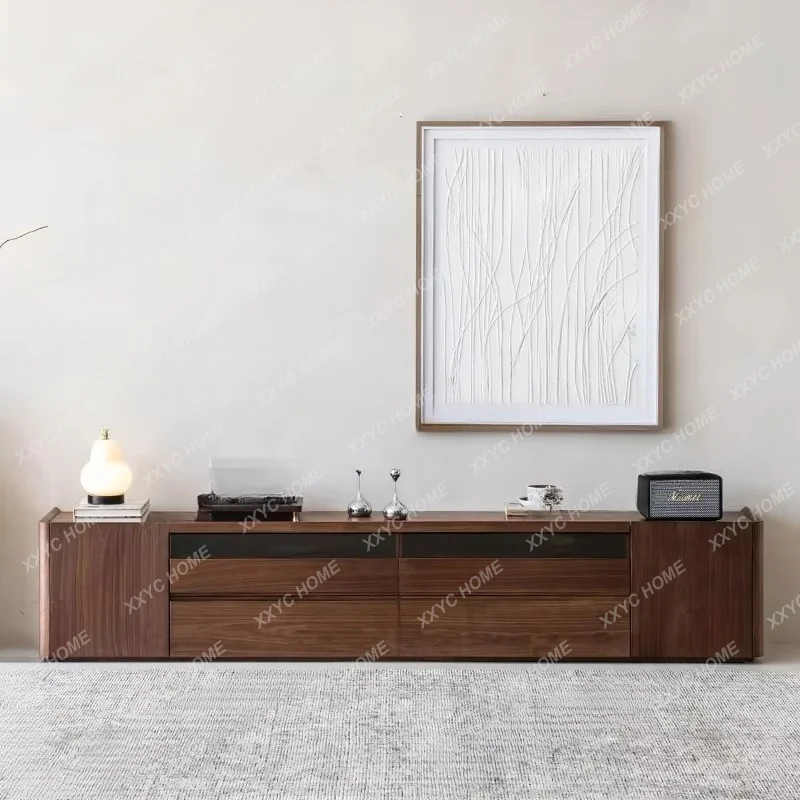 Black Walnut TV Cabinet Solid Wood Vintage Style Living Room Simple Floor Storage Cabinet