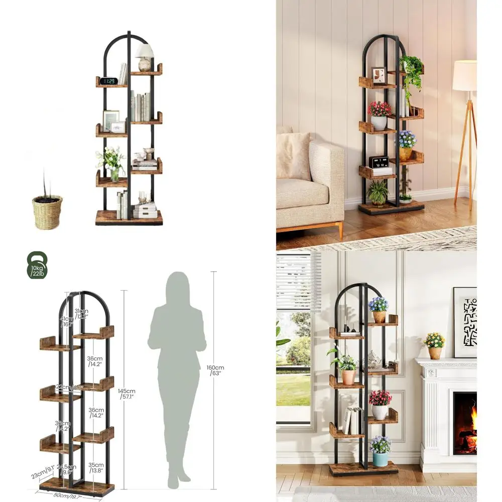 

6-уровневая изогнутая угловая книжная полка с защитой от опрокидывания, регулируемые ножки для гостиных в деревенском коричневом и черном цвете TSJ06BF