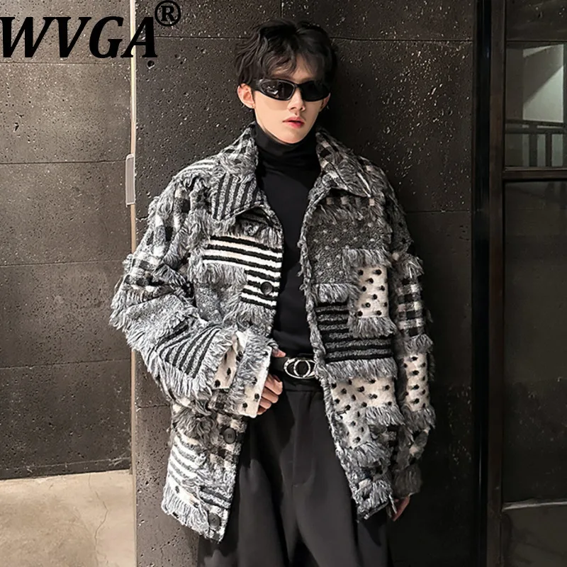 

WVGA Autumn Winter New Men Tide Plaid Striped Tassel Irregular Patchwork Thickened Wool Coat Niche Chic Casual Jacket Ins W16853