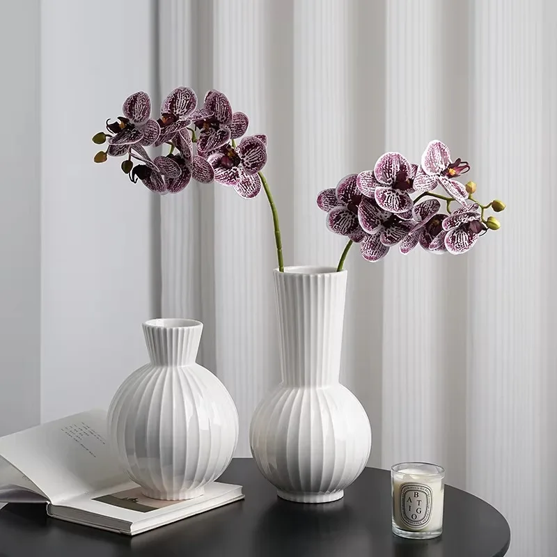Vertical Ribbed Spherical Bloom Vessel Two Size Matching Set Solid Pale Tone Tabletop Fresh Stem Floral Display Decor Craft