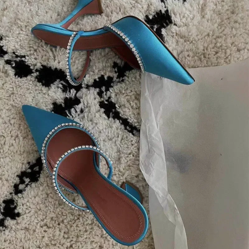 2021 Summer New Pointed Toe Rhinestone Sequined Stiletto Slippers Leopard Print Baotou Half Drag Sandals