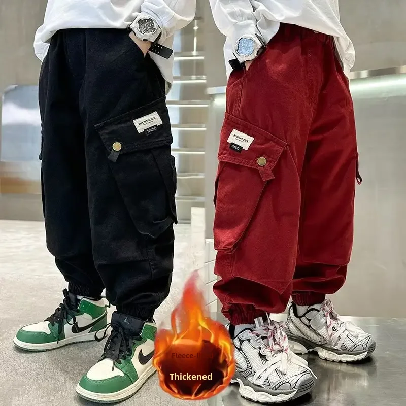 Boys Fleece-lined Thick Cargo Pants New Style Autumn/winter 2023 Casual Pants For Medium To Large Kids Stylish Comfortable