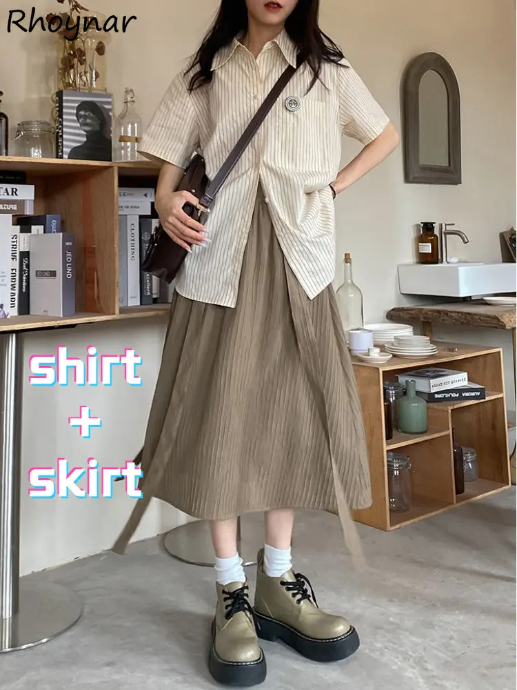 

Preppy Style Sets Women Summer Baggy Sweet Vintage Striped Short-sleeve Shirts A-line Literary Lace-up Midi Skirts Chic Designed