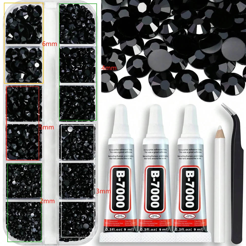 12 Grid/1Box 2-6mm Black Resin Diamond Box Set, Nail Transparent Crystal Rhinestone Kit, Nail Art Charm DIY Nail Accessori