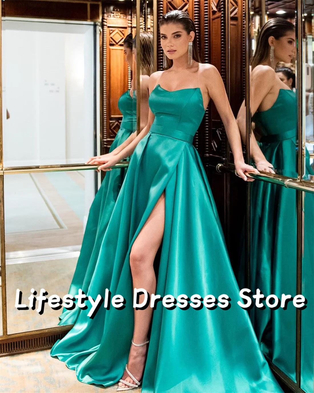 

Strapless A-line Prom Dresses Satin Side Split Elegant Evening Dresses Sleeveless Party Gown Formal Homecoming vestidos de gala