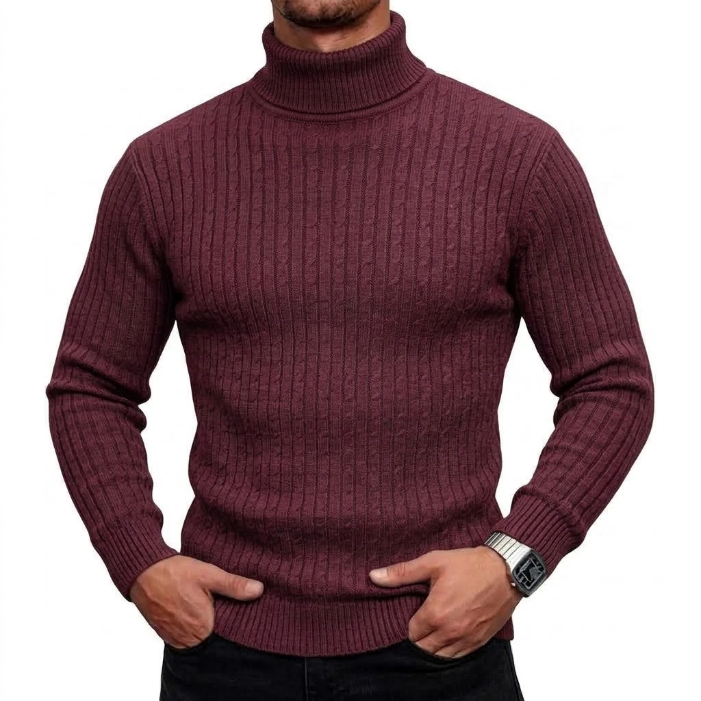 Neuer Herren-Rollkragenpullover, lässiger Zopfstrickpullover, hoher Kragen, lange Ärmel, warme Winterpullover für Männer, schmal geschnittene Oberteile. – Detail 13