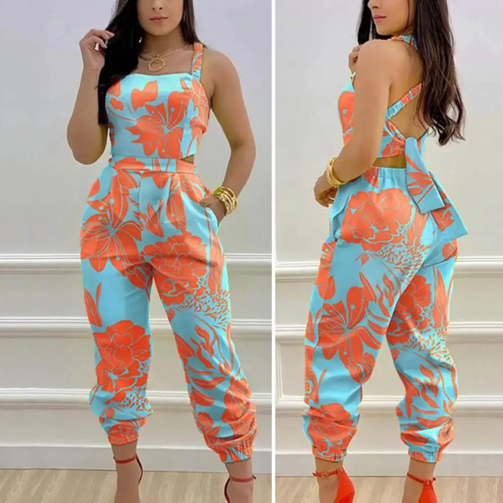 

Women Jumpsuit Sleeveless Color Matching Printed Lace-up Bow Cross Back Ankle-banded Backless High Waist Lady Overalls Romper