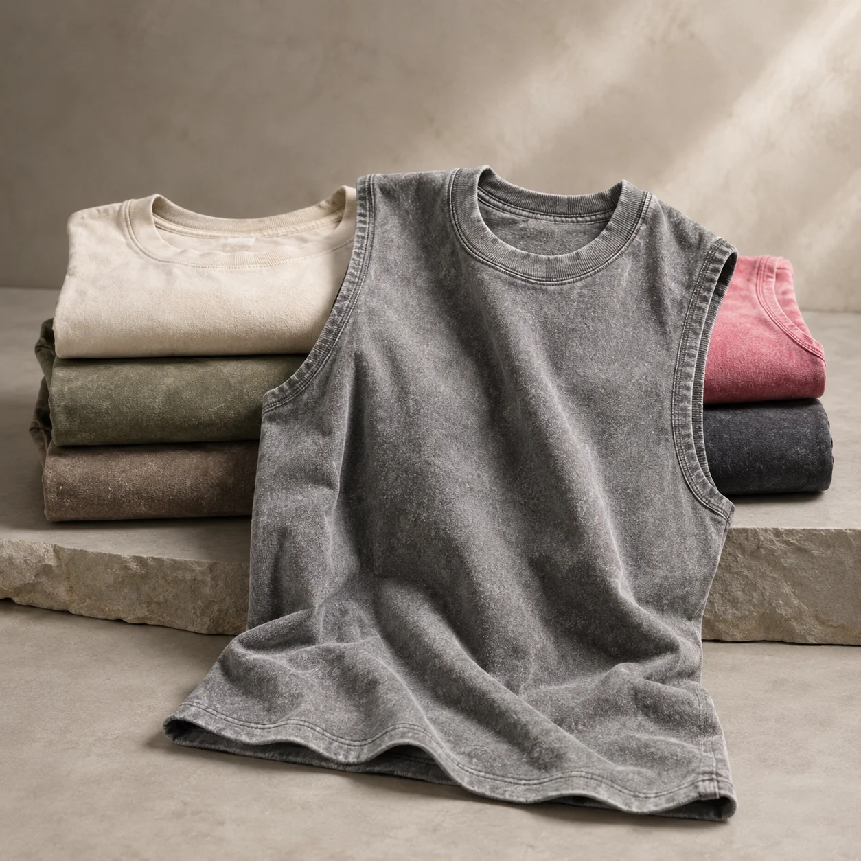 100 CottonQuality Men Washed Cotton Tank Top 230G Sleeveless Muscle Gym Vest Vintage Loose Shoulder Summer Running Beach T Shirt
