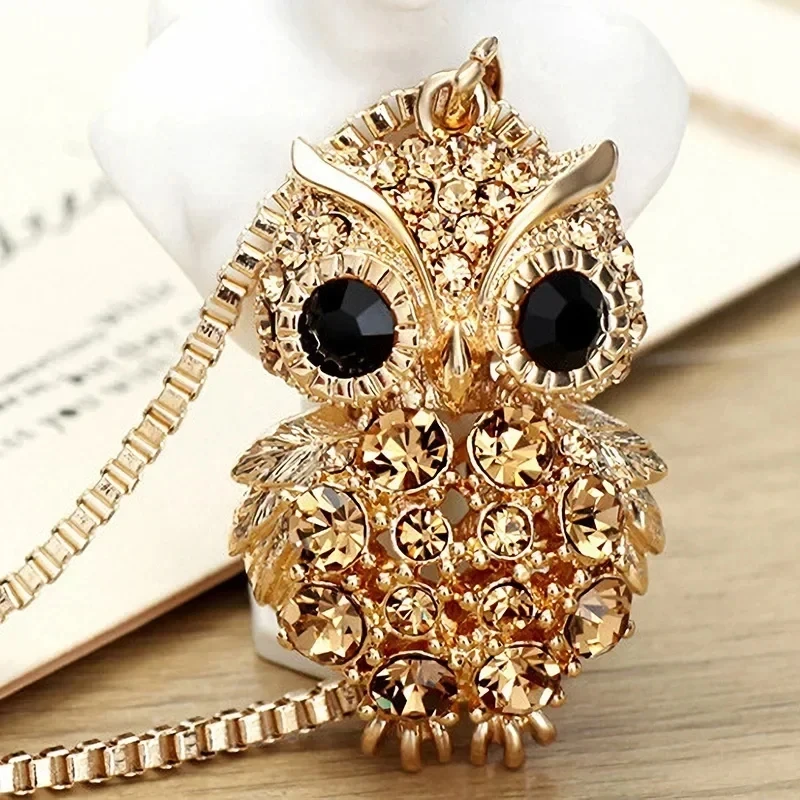 2024 New Korean Cute Sweater Chain Crystal Owl Necklace Long Women\'s Autumn and Winter Clothes Pendant Accessories