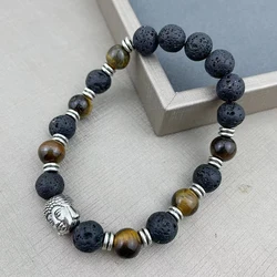 official-website tiki 2 rupee item Ancient Tiger Eyes Volcanic Lava Buddha Head Yoga Bracelet Black Lava Buddha Pulsera Hombre