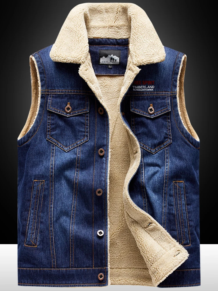 

Warm Fce Lined Waed Denim Vest Men's Loose Fit Winter Faion Urban Workwear Sle with kets Thiened Zipper Closure