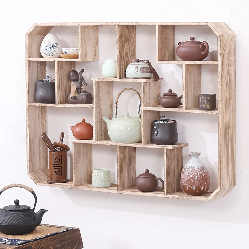 Chinese-style Solid Wood Bogu Rack Wall Hanging Duobaoge Living Room Wall Rack Simple Modern Display RackTeapot Floating Shelves