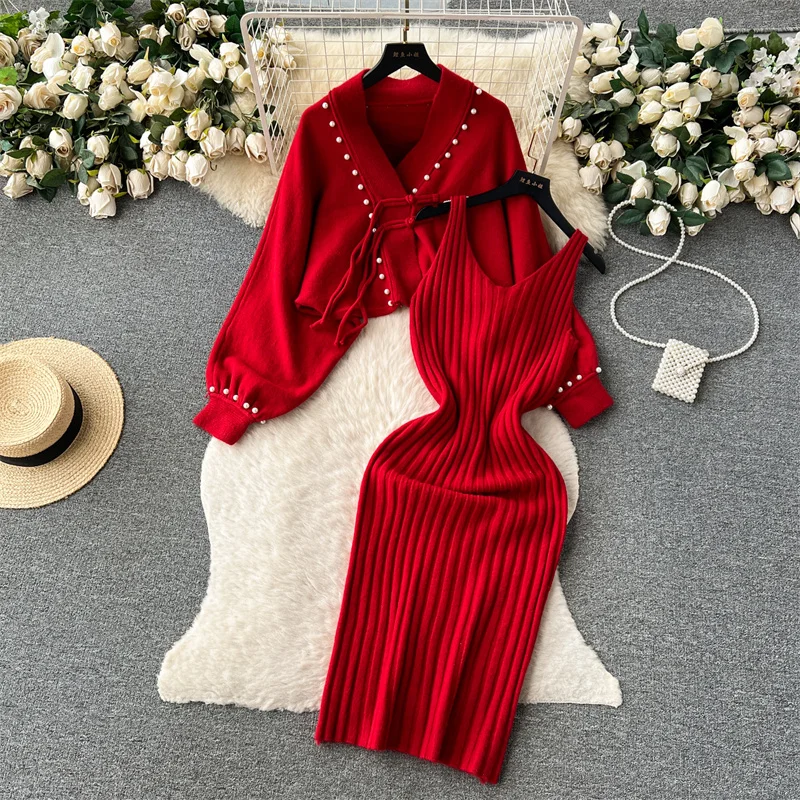 Autumn Winter Women Fashion Knitted Sets Long Slim Sling Dress Beaded Short Knitted Sweater Jacket Ladies Sweet Two-piece Sets