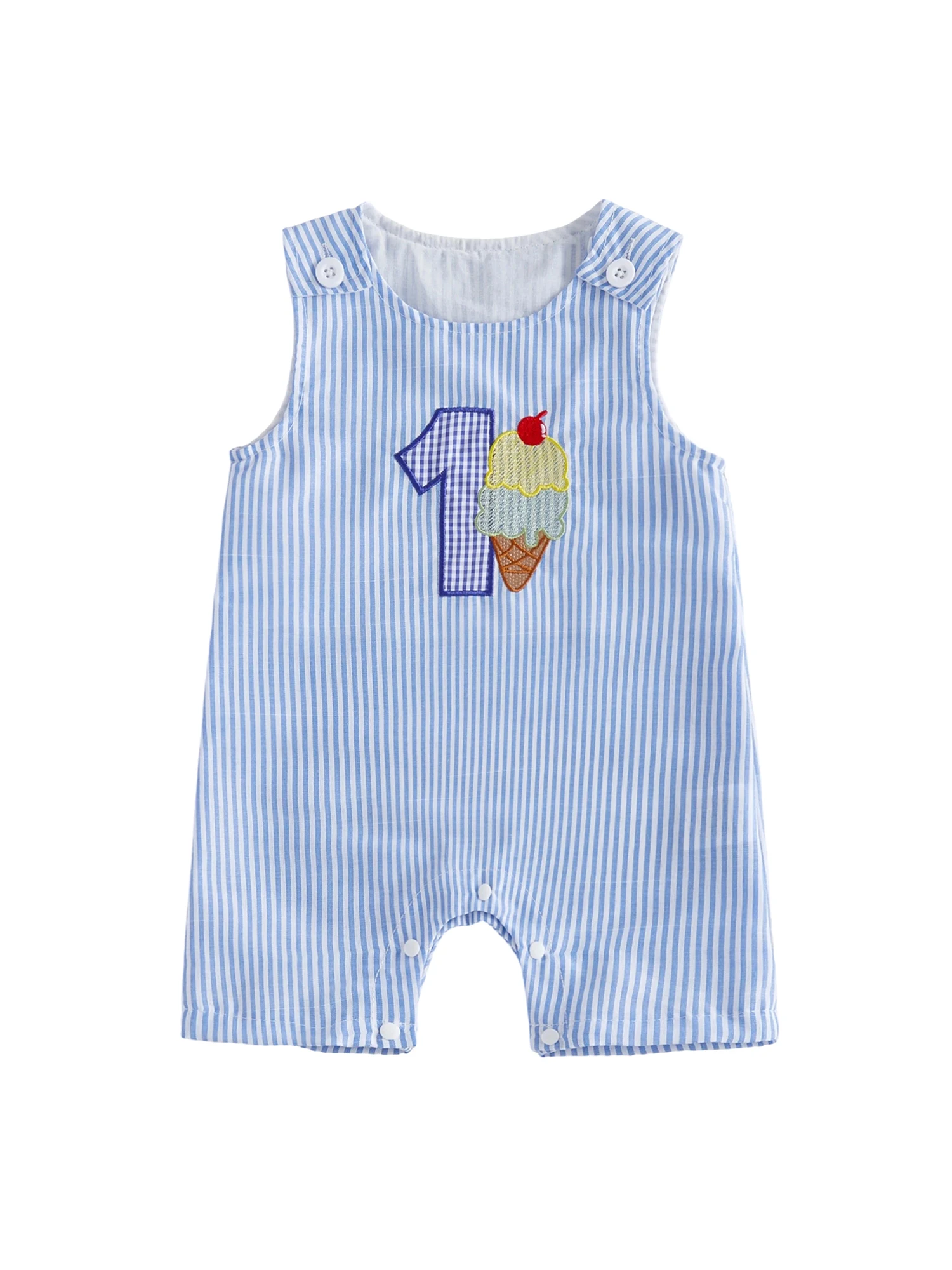 طفل صبي 1st عيد ميلاد الزي الأزرق مخطط الآيس كريم رومبير مطرزة بلا أكمام بذلة ملابس الصيف غير رسمية للبنين #5
