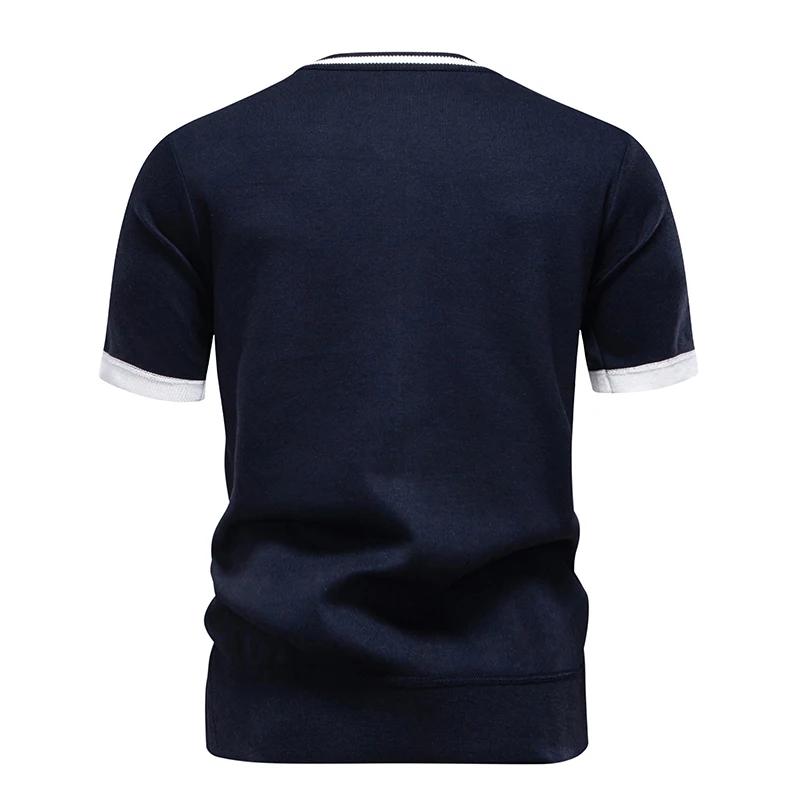 US Size Men's Stretch Knit Top Short Sleeve Casual Shirt Knitted Pullover Shirts Crewneck Contrast Knitwear
