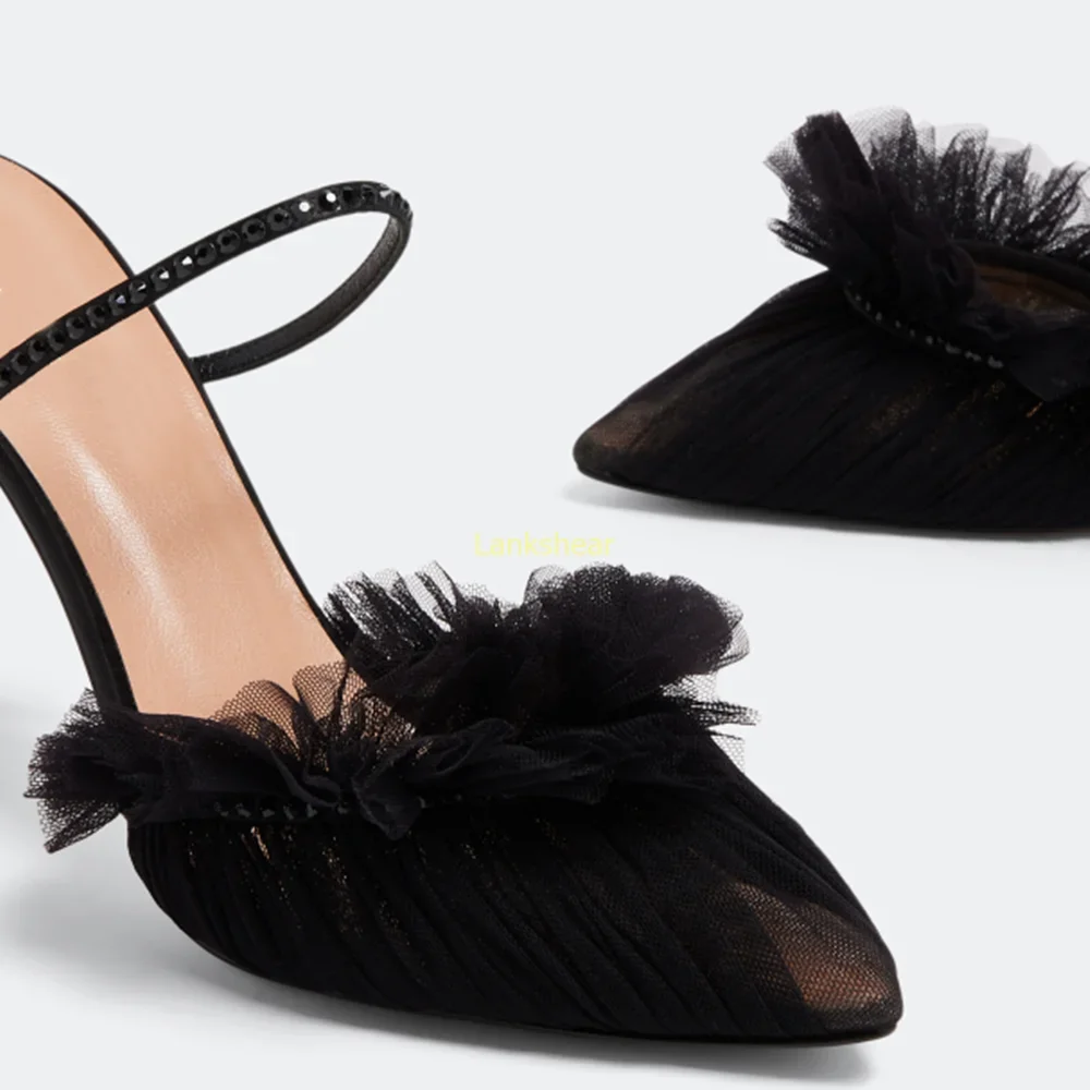 كريستال تول البغال مثير أشار تو كعب رقيقة الصلبة الانزلاق على Slingback الكاحل الاعوجاج الوافدين الجدد موضة النساء الأحذية الحديثة