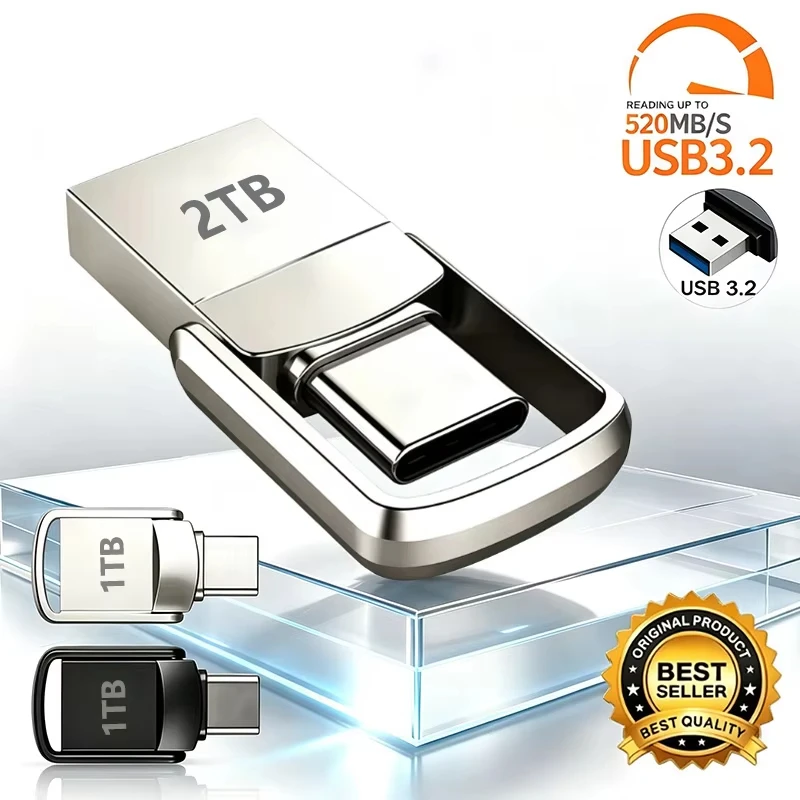U Disk 2TB Metal Flash Drive High-Speed USB 3.2 Type-C Interface Flash Drive 512GB 1TB 2TB Pen Drive for PC Smartphone Storage