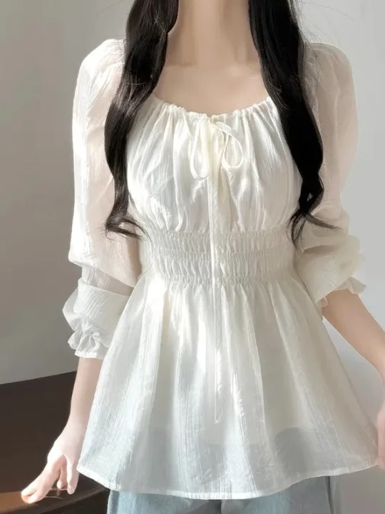 

Elegant Chic Women's Long Sleeve Chiffon Top Knot Tie Waist Pleated Slimming Casual Sexy Korean Style Bubble Sleeve Blouse
