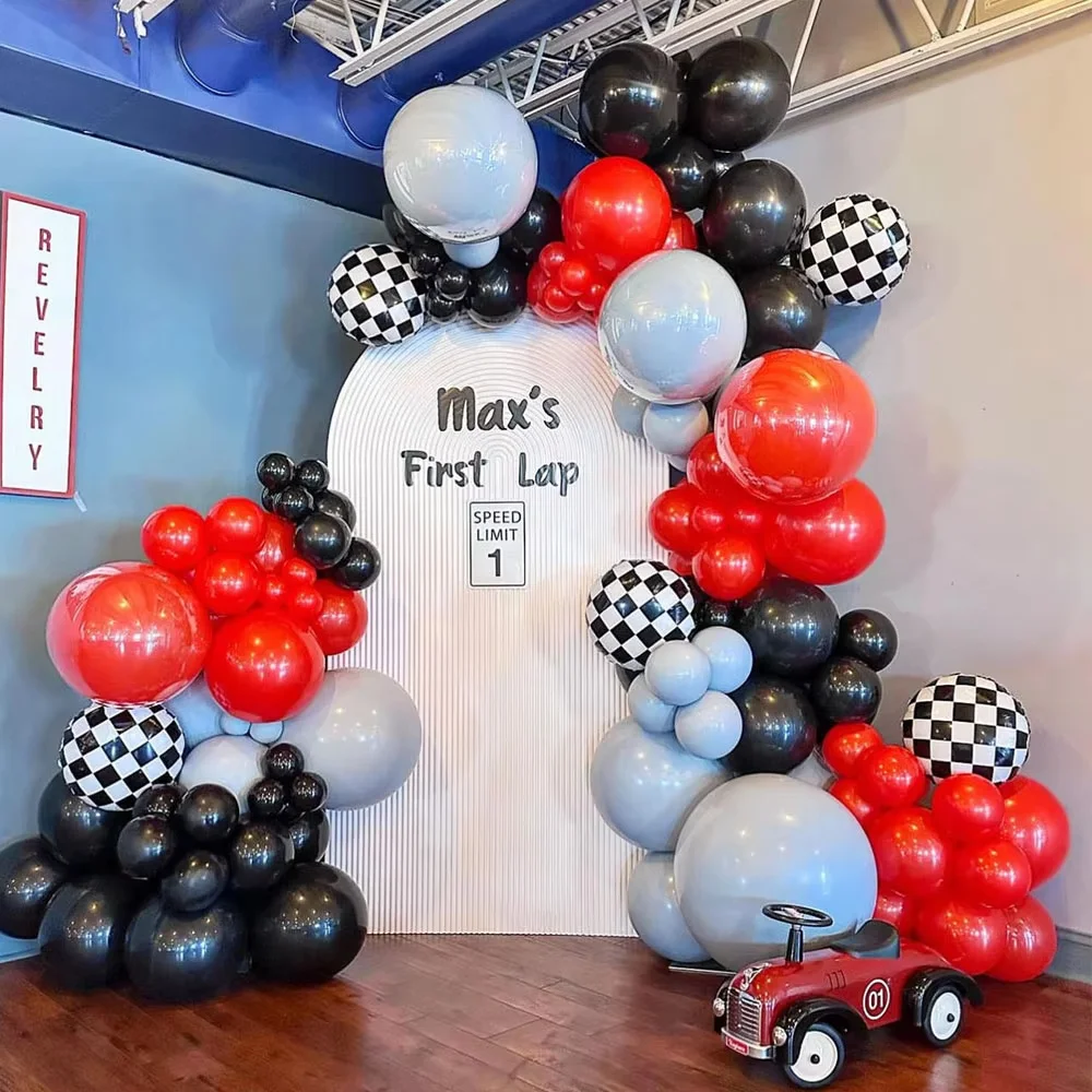 Kit de Guirnalda de Globos con Temática de Carreras de Autos, 112 Piezas, Globos de Aluminio a Cuadros, Globos de Foil, para Niños, Primer Cumpleaños, Baby Shower